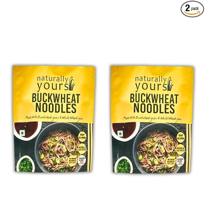 Naturally Yours Buckwheat Soba Hakka Noodles | Kuttu Atta & Whole Wheat | No Maida, No Onion No Garlic, Jain Friendly, Vegan, Preservative Free | Tastemaker Inside | Healthy Noodles | 180g Pack of 2