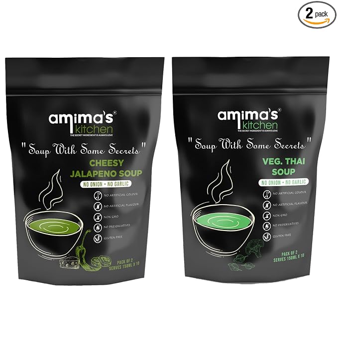 Amima's Kitchen Combo Of Cheesy Jalapeno + Veg. Thai Jain Soup (No Onion No Garlic) - 100 Grams (Pack of 2) | Instant Soup Mix Powder | Ready To Cook | No Artificial Flavour & Colour | Gluten Free | Non GMO | Healthy Soup