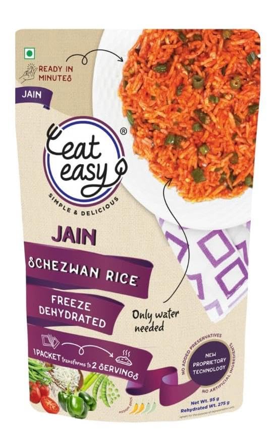 Eat Easy Jain Schezwan Rice – 95g | No Garlic No Onion Ready to Eat & Cook | Freeze Dehydrated Instant Rice | 100% Veg | No Preservatives | Just Add Water