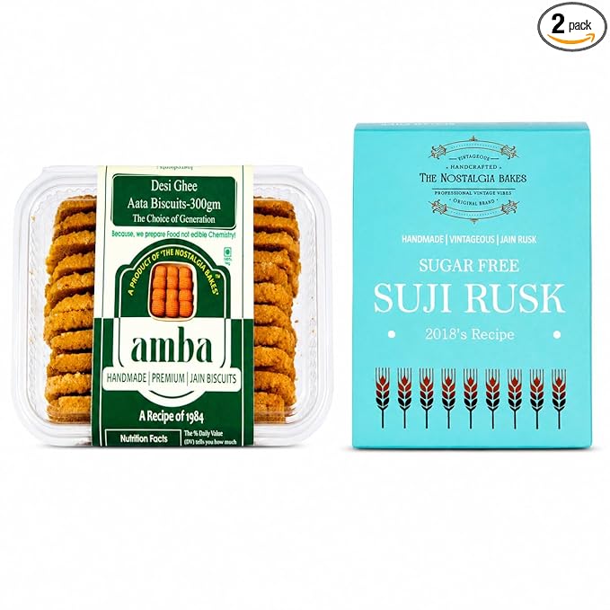 Amba Handmade Jain Biscuit & Sugar Free Suji Rusk Combo Pack | Traditional Desi Ghee Atta Biscuits & Crispy Tea-Time Toast | Premium Nostalgic Bakery Snacks