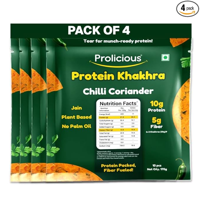 Prolicious Khakhra Chilli Coriander High Protein Khakhra | Upgrade Your Snacking | 10g Protein + 5g Fibre | Same Crunch, Snack Smarter | Plant Based, Jain | No Palm Oil | 170g (Pack of 4)