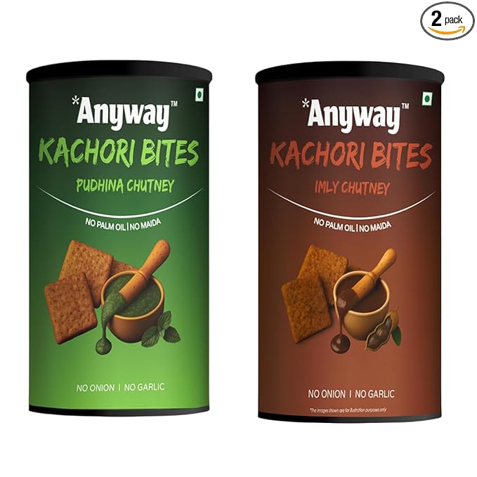 Anyway Kachori Bites pudina & imly Chutney Flavour | No Maida No Palm Oil | Multigrain Snack | Kota's Bold Street Kachori in a Pack | Sweet Tangy Flavour | No Onion No Garlic | Ready to Eat indian snack | (120g - pack of 2, pudina and Imly Chutney combo)