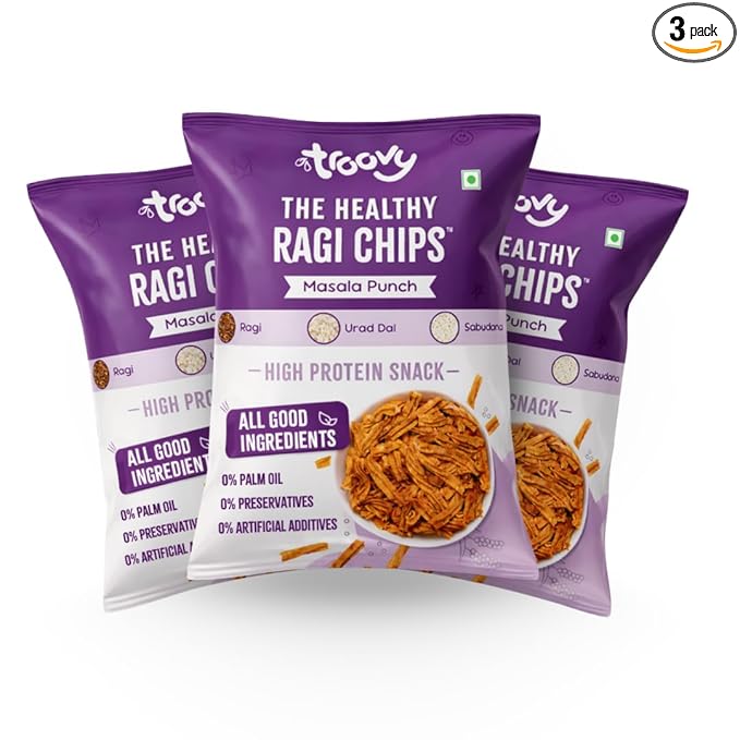 Troovy Healthy Masala Ragi Chips | Tasty & High Protein Snacks | 30% Of Protein Needs | No Palm Oil, Cholesterol or Trans Fats | 70g (Pack of 3)