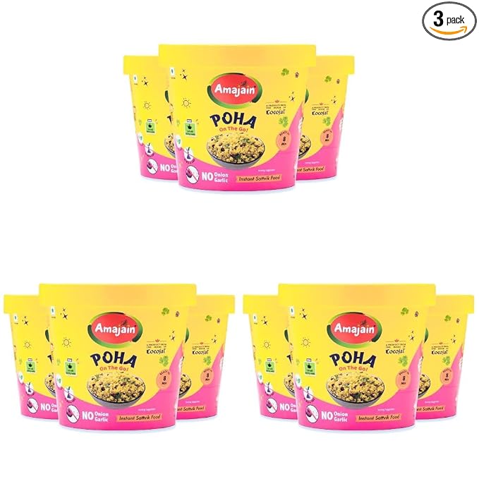 Amajain Instant Sattvik Healthy Poha, Ready-to-Eat, No Added Preservatives, No Added Flavours, Jain-Friendly, 70g (Pack of 9)