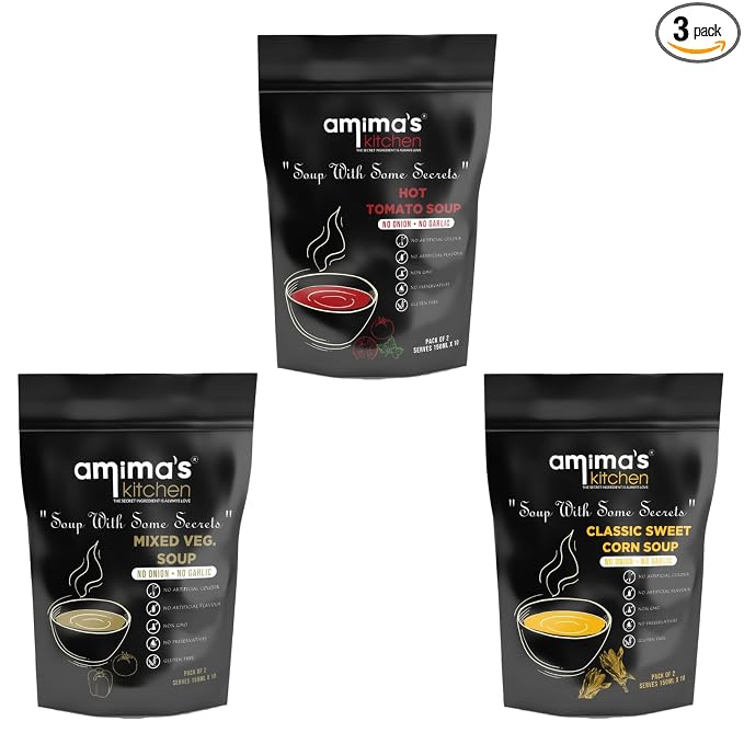 Amima's Kitchen Combo Of Hot Tomato + Mixed Veg. + Classic Sweet Corn Jain Soup (No Onion No Garlic) - 100 Grams (Pack of 3) | Instant Soup Mix Powder | Ready To Cook | No Artificial Flavour & Colour | Gluten Free | Non GMO | Healthy Soup