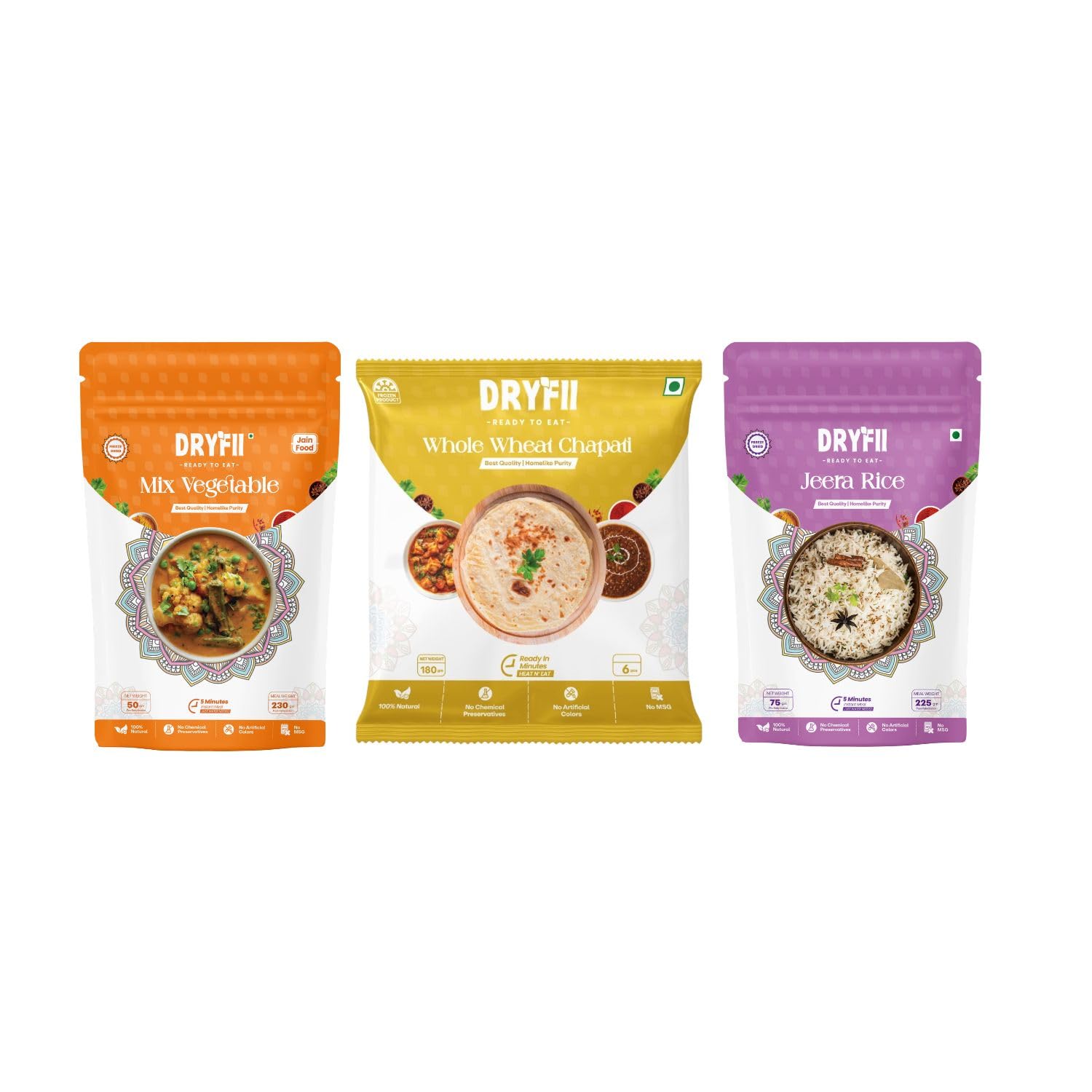 Dryfii Ready-to-Eat Chapati with Jain Mix Veg & Rice | Healthy Satvik Combo Meal | No Onion No Garlic | Fresh Vegetarian Indian Food Pack
