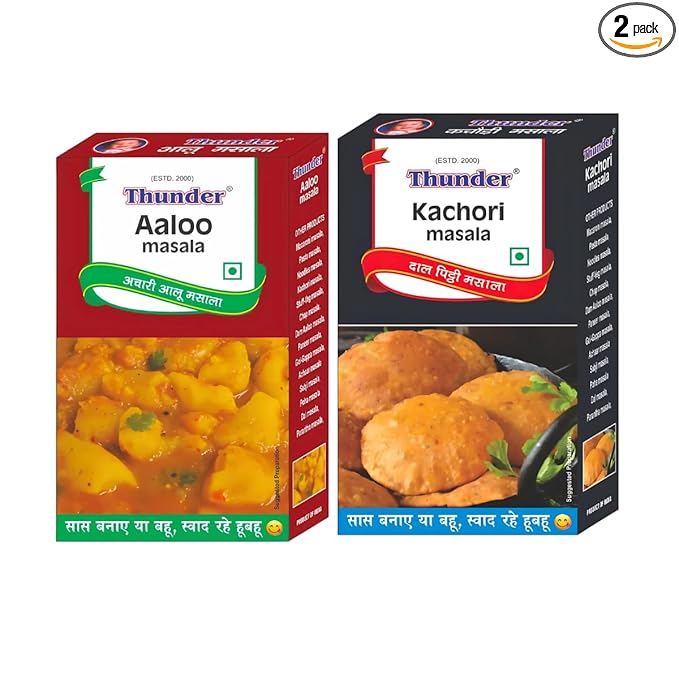 Thunder Aaloo Masala & Kachori Masala Combo, Complete Recipe Spice Mix For Achari Aloo, Aloo Sabzi, Potato Recipes & Khasta Kachori Filling, Authentic Taste, No Onion No Garlic, 100g Festive Pack Of 2