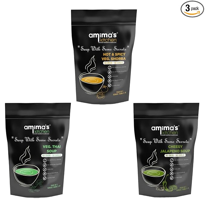 Amima's Kitchen Combo Of Hot & Spicy Veg. Shorba + Veg. Thai + Cheesy Jalapeno Jain Soup (No Onion No Garlic) - 100 Grams (Pack of 3) | Instant Soup Mix Powder | Ready To Cook | No Artificial Flavour & Colour | Gluten Free | Non GMO | Healthy Soup