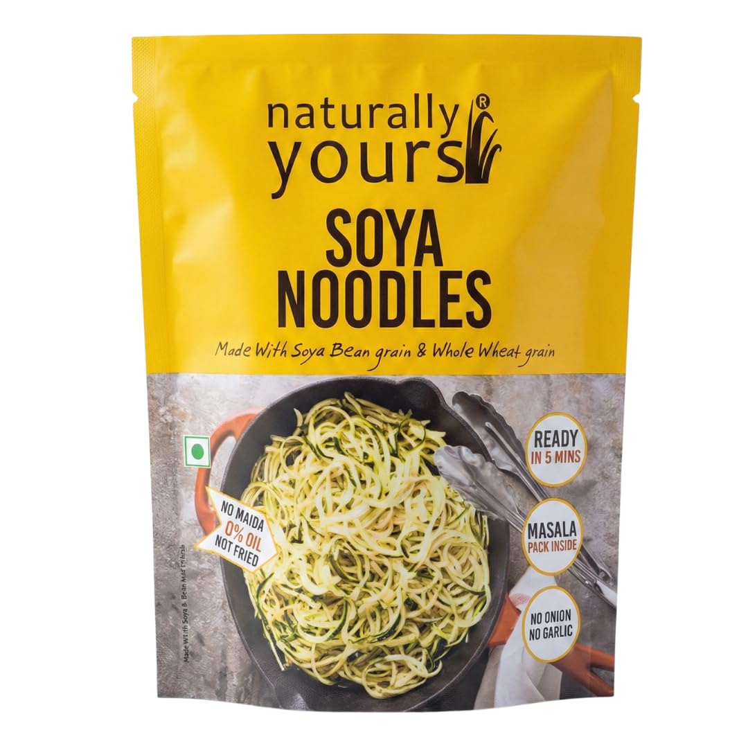 Naturally Yours Soya Hakka Noodles | Soybean & Wheat Protein | No Maida, No Onion No Garlic, Jain Friendly, Vegan, Preservative Free, No MSG | High Protein & Fiber | Tastemaker Inside | 180g Pack