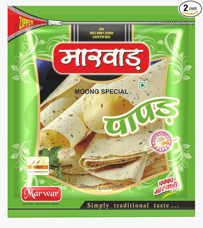 Marwar Special Moong Dal Papad 800gm Pack Of 2 (400gm Each) Rajasthani Flavor Medium Spicy Handmade Pappadam | Zipper Pack Appadam | Size: 7Inch, Contains 56-60 Papads | Perfect Snack or Meal Side