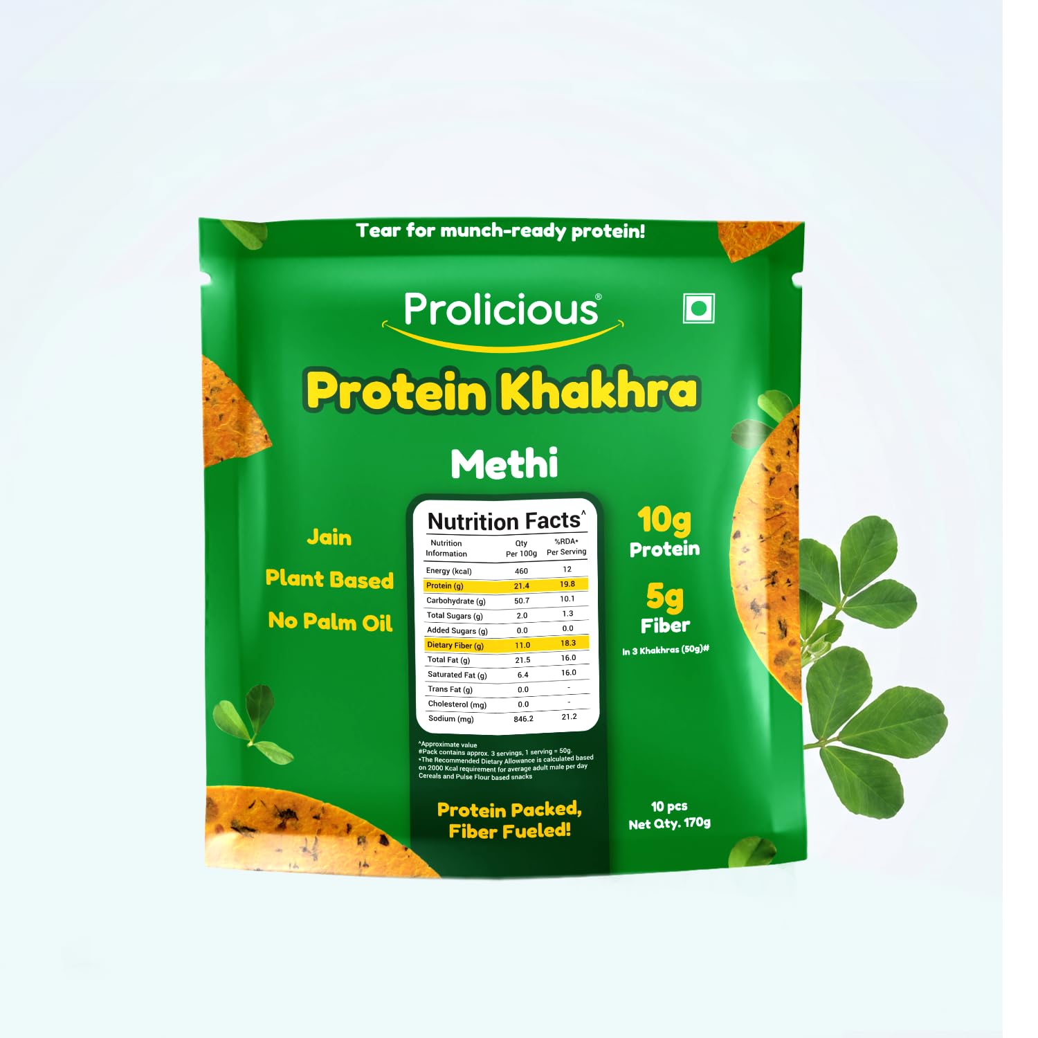 Prolicious Khakhra Methi High Protein Khakhra | Upgrade Your Snacking | 10g Protein + 5g Fibre | Same Crunch, Snack Smarter | Plant Based, Jain | No Palm Oil | 170g