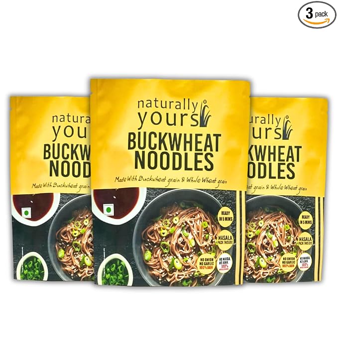 Naturally Yours Buckwheat Soba Hakka Noodles | Kuttu Atta & Whole Wheat | No Maida, No Onion No Garlic, Jain Friendly, Vegan, Preservative Free | Tastemaker Inside | Healthy Noodles | 180g Pack of 3