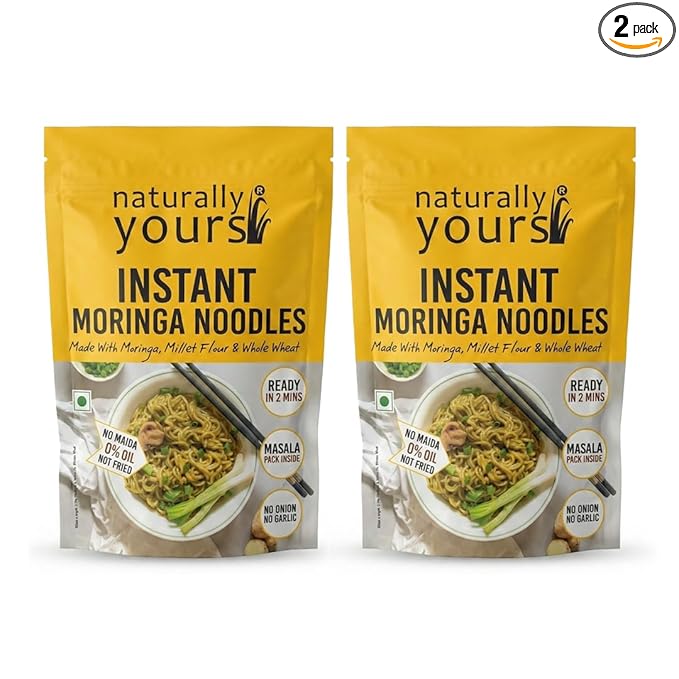 Naturally Yours Moringa Instant Ramen Noodles | Shigru Leaf, Millet & Whole Wheat | No Maida, Not Fried | No Onion No Garlic, Jain Friendly | Ready in 2 Minutes | Masala Inside | 175g Pack of 2