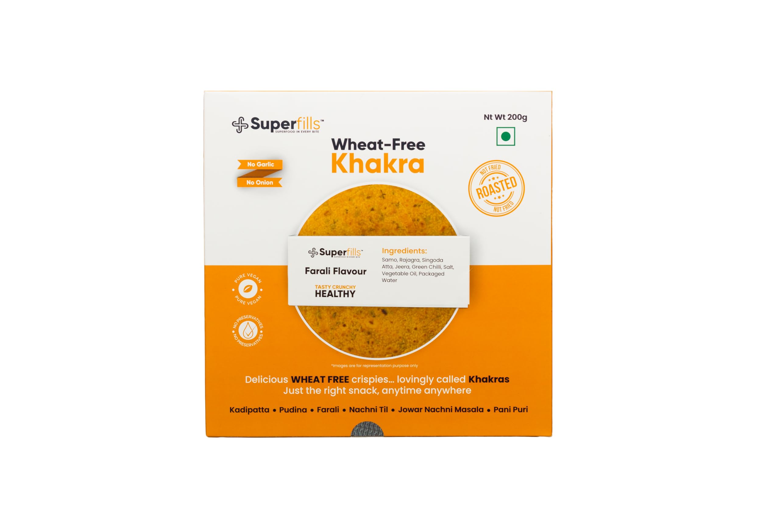 Superfills Wheat-Free (Gluten Free) Khakra Farali Diet Snack High in Protein & Fiber Ready to Eat Roasted Snack Gujarati Handmade No Garlic & No Onion Chai Time Snack (Khakhra-farali_200gm, Pack of 2)