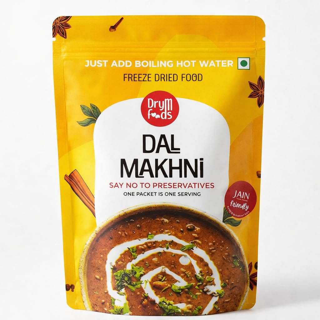 DryM Foods Jain Dal Makhani 250g | Jain Food | Freeze-Dried Ready to Eat | Preservative-Free Authentic Indian Curry | Just Add Hot Water | Travel & Camping Food | Long Shelf Life