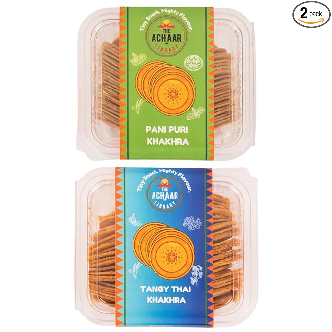 Thai & Pani Puri Mini Khakhra Combo Pack Of 2 by THE ACHAAR LIBRARY | Whole Wheat Crisps | Bite-Sized | (180 grams each, Pack of 2)