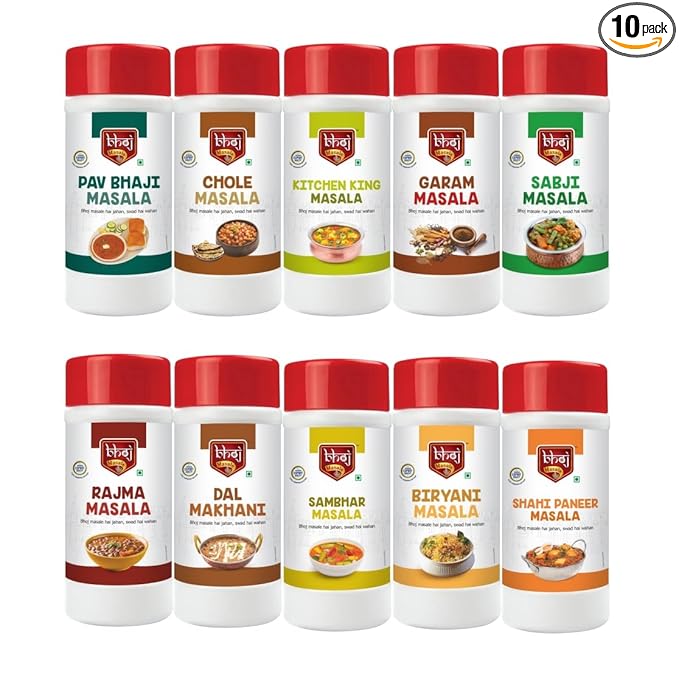 Bhoj Masale Pav bhaji, Chole, Kitchen King, Garam Masala, Sabji, Rajma, Dal Makhani, Sambhar, Biryani And Shahi Paneer Masala Powder Combo Pack Net 450GM Each | Blended Range Masale For Kitchen. No Onion and No Garlic (Jain Friendly) - Net Total 4.5 kg ( 4500 grams - 450g x 10 )