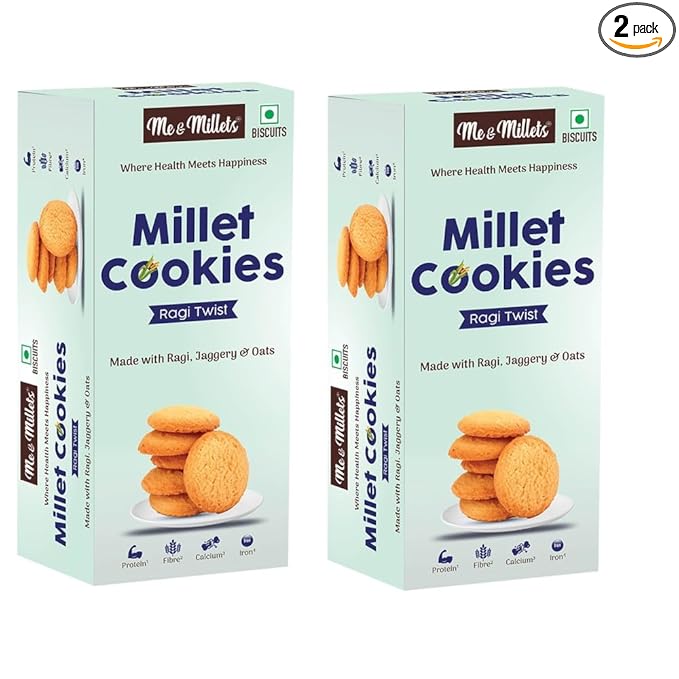 Me & Millets Ragi Twist Cookies 75g x 2 | Millet Biscuits with Jaggery | Rich in Fibre & Protein | Healthy Tea Time Snack | Crunchy Ragi Cookies | Jain Friendly