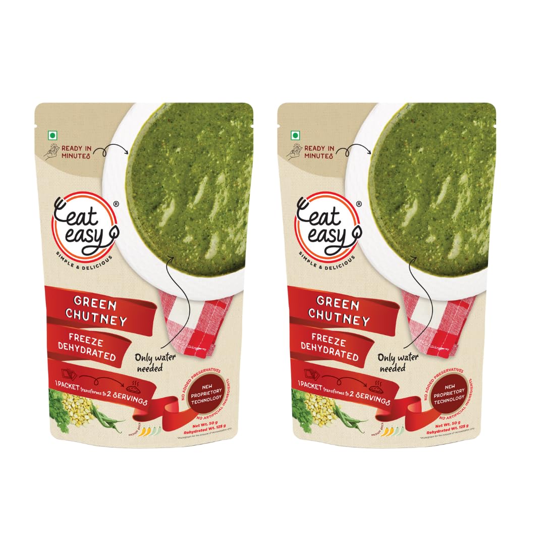 Eat Easy Ready To Eat Coriander Green Chutney- 50gm (Pack of 2) I No Grinding, Just Add Water and Cook I Tangy & Flavorful, Freeze Dehydrated Fresh Green Dhaniya Chutni Pairs well with Parathas, Sandwiches, Kebab's, Chaats & Snacks I Supports Digestion
