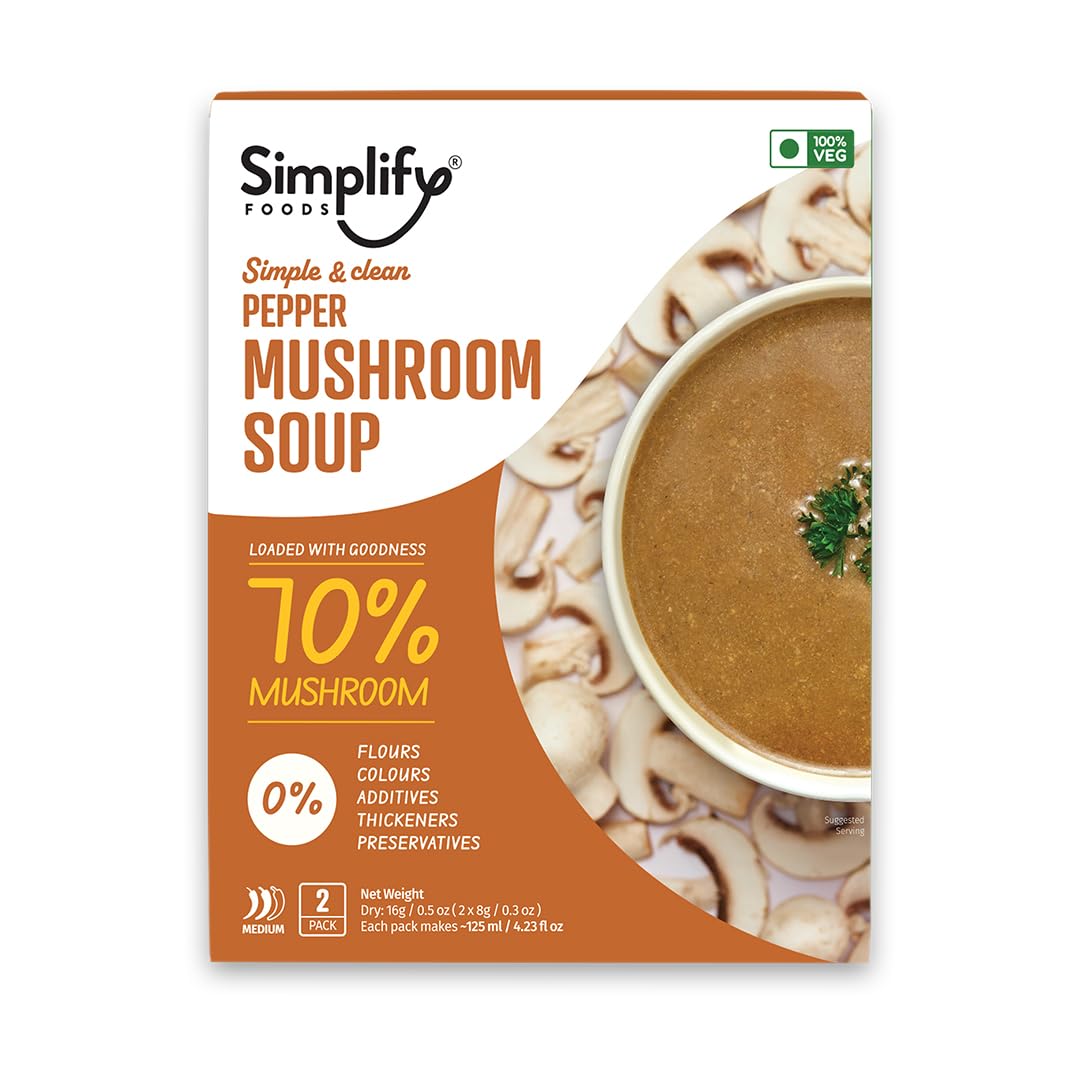 Simplify Foods Pepper Mushroom Instant Soup | Pack of 2 Single-Serve Sachets (Each Makes ~125 ml) | Made with 70% Real Mushroom & Cracked Pepper | Just Add Hot Water | Travel-Friendly | Clean Label | 0% Additives or Preservatives