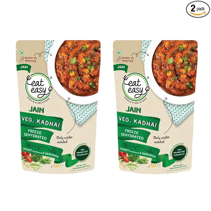 Eat Easy Ready To Eat Jain Veg Kadhai, 85gm of 1 Pack, Instant Food, Indian Meal, Travel Food, No Preservatives, No Added Artificial Colours & Flavours, Just Add Water and Cook (Pack of 2)