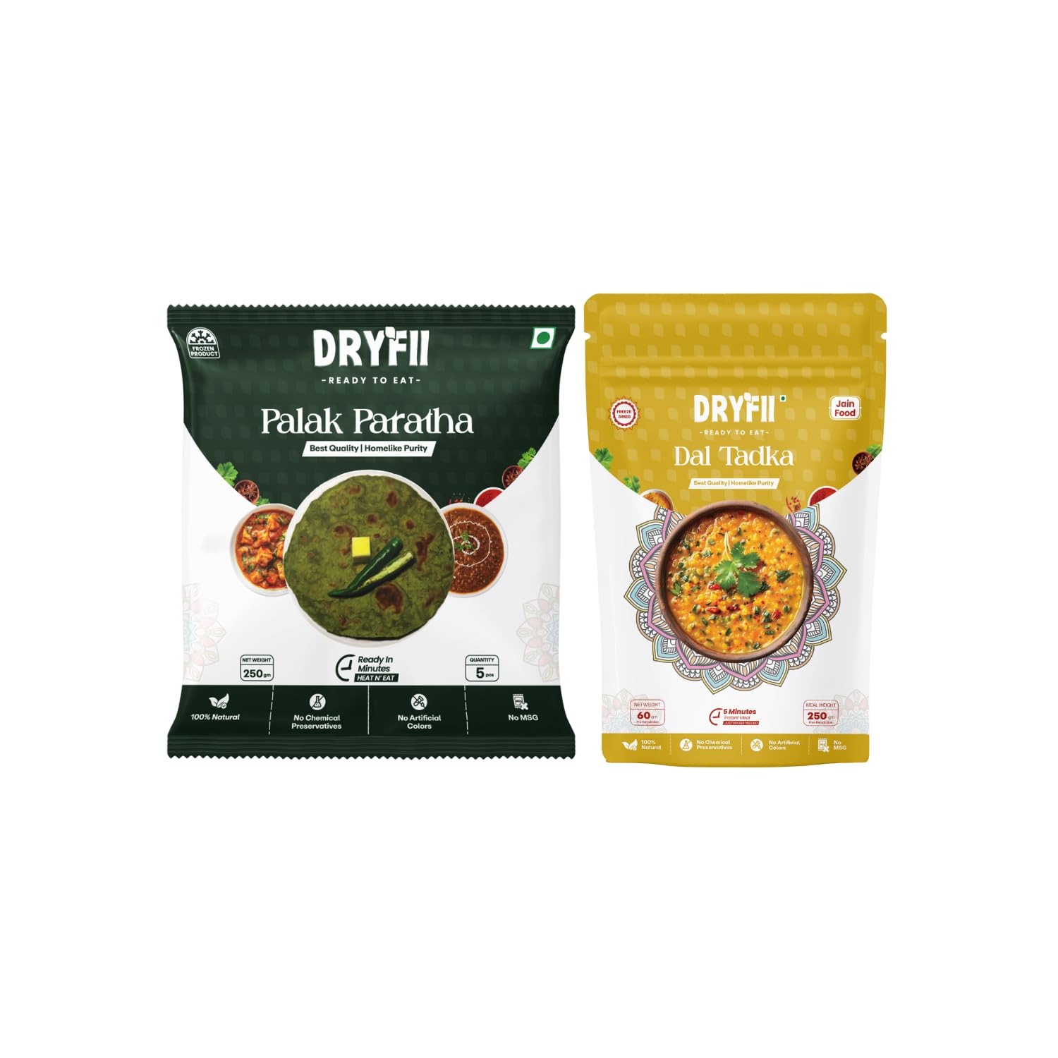 Dryfii Ready-to-Eat Palak Paratha (5 Pcs | 1 Pack) with Jain Dal Tadka | Homestyle Simple Meal | Pure Vegetarian