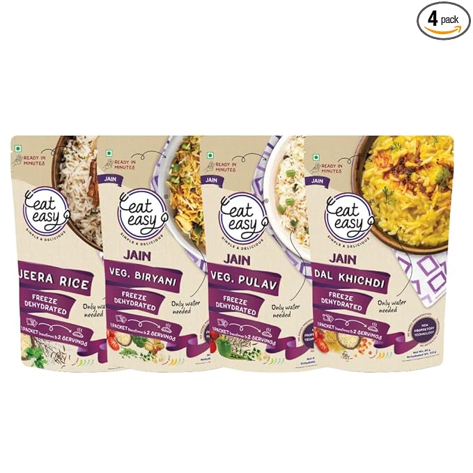 Eat Easy Ready To Eat Jain Rice Combo of 4- Jain Jeera Rice, Pulav, Biryani, Dal Khichdi | Just Add Water and Cook | No Onion, No Garlic | Freeze Dehydrated Instant Rice for Travel, Hostel, Trekking, Camping, Hiking