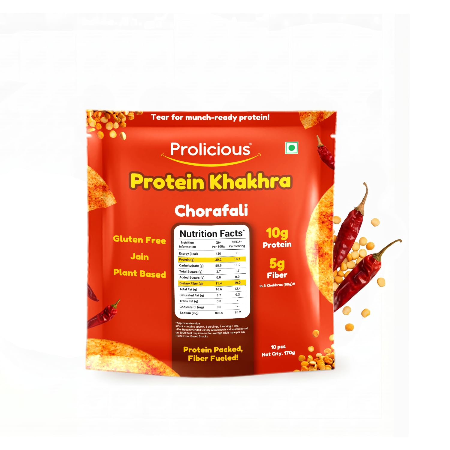 Prolicious Khakhra Chorafali High Protein Khakhra | Upgrade Your Snacking | 10g Protein + 5g Fibre | Same Crunch, Snack Smarter | Plant Based, Jain | No Palm Oil | 170g