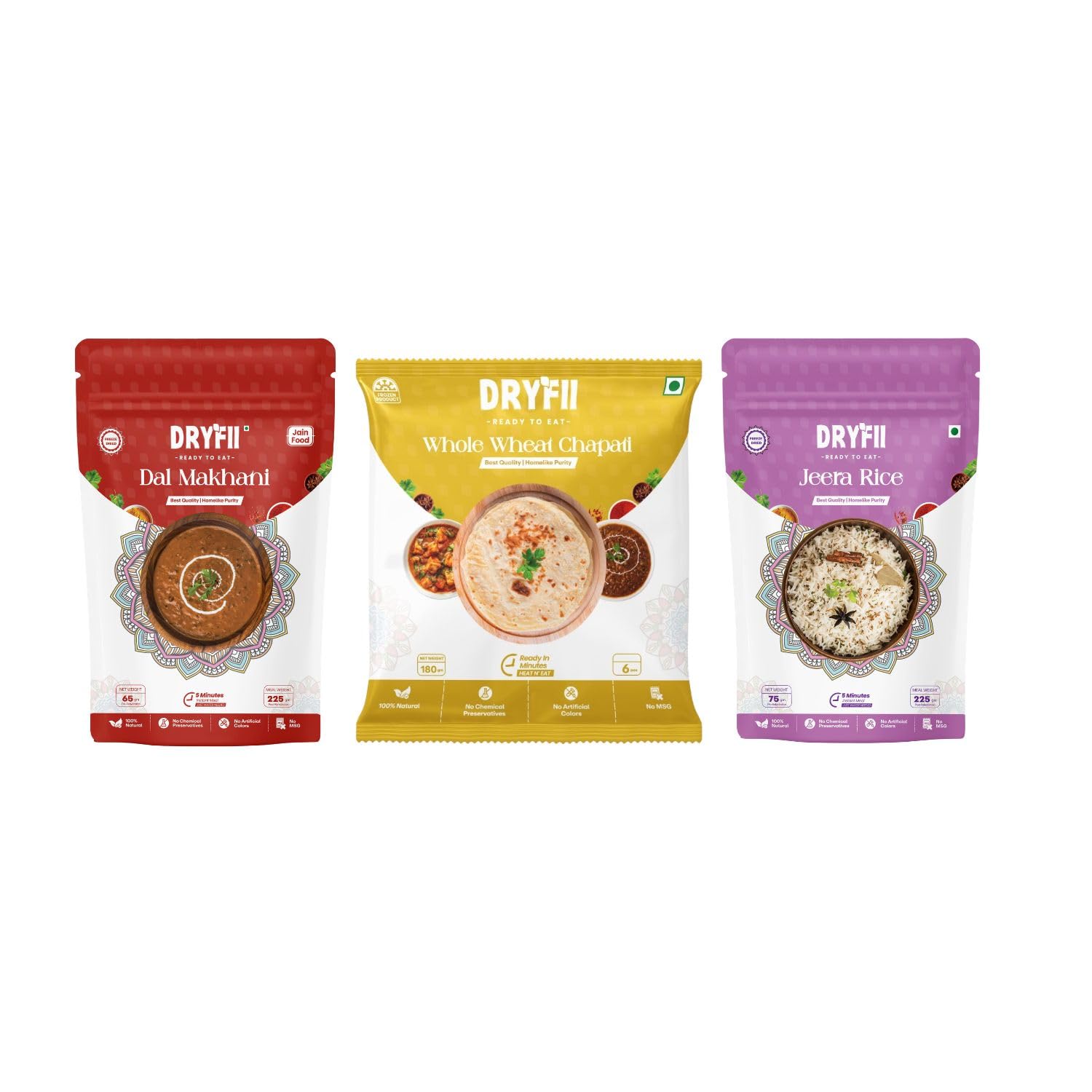 Dryfii Ready-to-Eat Chapati with Jain Dal Makhani & Rice | Creamy Satvik Combo Meal | No Onion No Garlic | Healthy Indian Comfort Food Pack