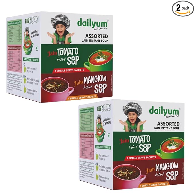 Dailyum Jain Instant Assorted Soup|Tomato and Manchow Soup| 8 Single Serve Sachets,4 Each | Just Boil-Stir-Sip | 12g Each Sip-A-Soup| Natural | No MSG | Pack of 2 Box