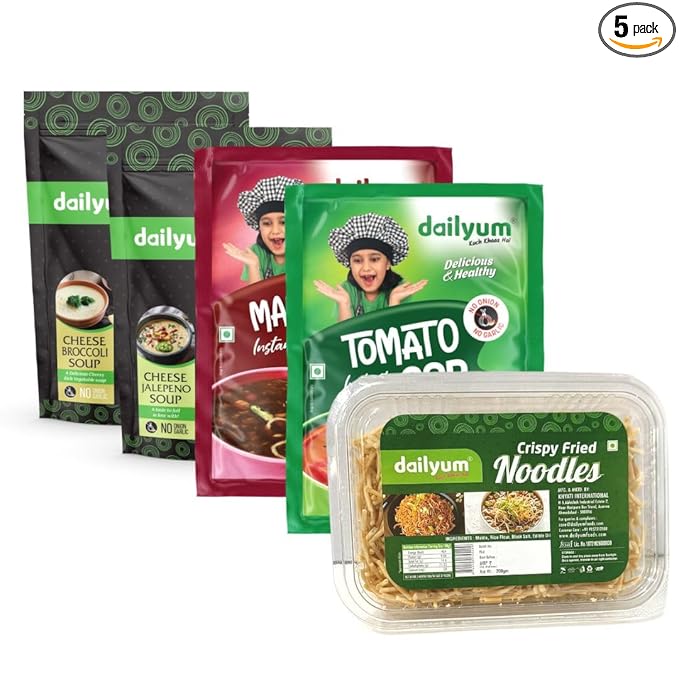 Dailyum Instant Soup Combo of 5| No Onion No Garlic | Manchow Soup 50g | Tomato Soup 50g | Cheese Broccoli Soup 50g | Cheese Jalepeno Soup 50g | Crispy Fried Noodles 200g| Jain