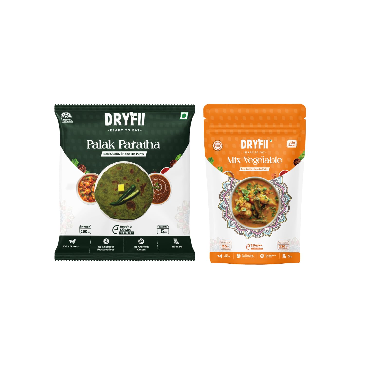 Dryfii Ready-to-Eat Palak Paratha (5 Pcs | 1 Pack) with Jain Mix Veg | Light Healthy No Onion No Garlic Meal | Pure Vegetarian