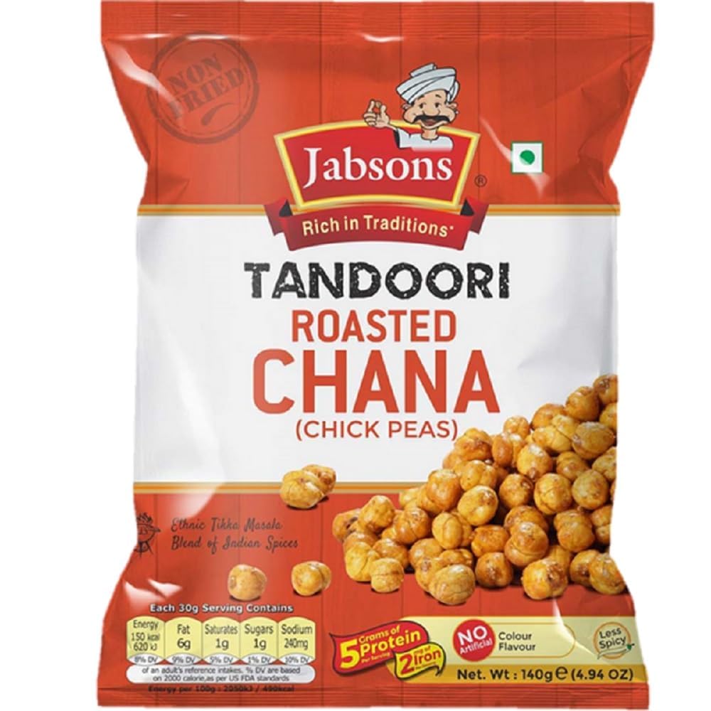 Jabsons Roasted Chana Tandoori Flavour - 140gm With No Onion & Garlic | Desi Roasted Namkeen Snacks| Gluten-Free Crunchy Protein Snack | Tandoori Bhuna Chana - Ready to Eat