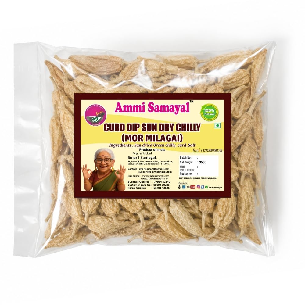 Ammi Samayal Curd Dip Sun Dry Chilly (MorMilagai Vathal) | Authentic Vathal Vadagam/Curd Dip Dried Chillies | Healthy & Tasty Natural Dried Dahi Mirchi | Pack of 1, 350gm
