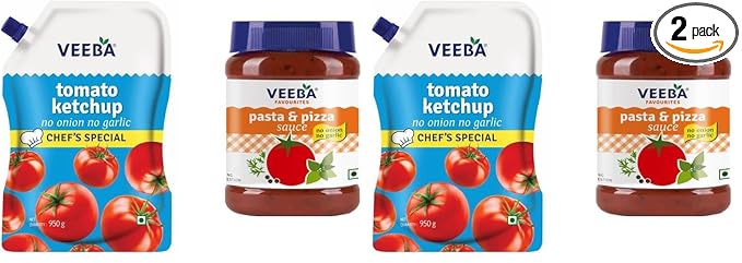 VEEBA Pasta and Pizza Sauce - No Onion No Garlic, 280Gram, Tomato Ketchup - No Onion No Garlic Chef's Special (900Gram) (Pack of 2)