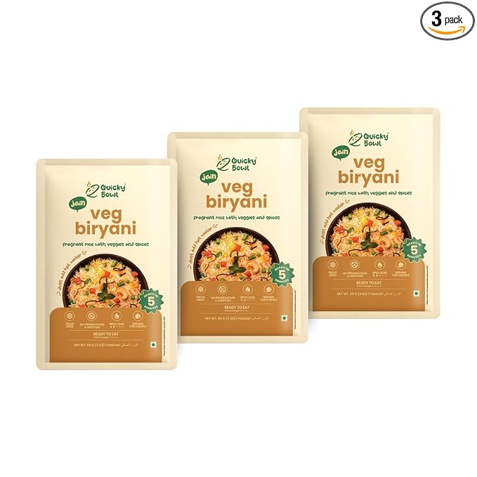 Quicky Bowl Jain Veg Biryani|Ready To Eat|No Onion No Garlic|Instant Food(Pack Of 3)