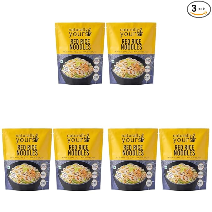Naturally Yours Red Rice Hakka Noodles | No Maida, Non-Fried, Vegan, Preservative Free | No Onion No Garlic, Jain Friendly | High Iron, Antioxidants & Fiber | Healthy & Easy to Digest | 180g Pack of 6