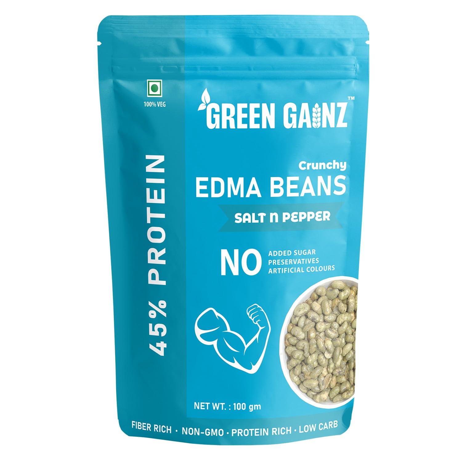 Green Gainz Roasted Edamame Salt n Pepper Flavour 100gm | Healthy Namkeen Snacks | Vegan | High Protein Snack | Weight Loss Friendly | No Palm Oil | Roasted, Not Fried