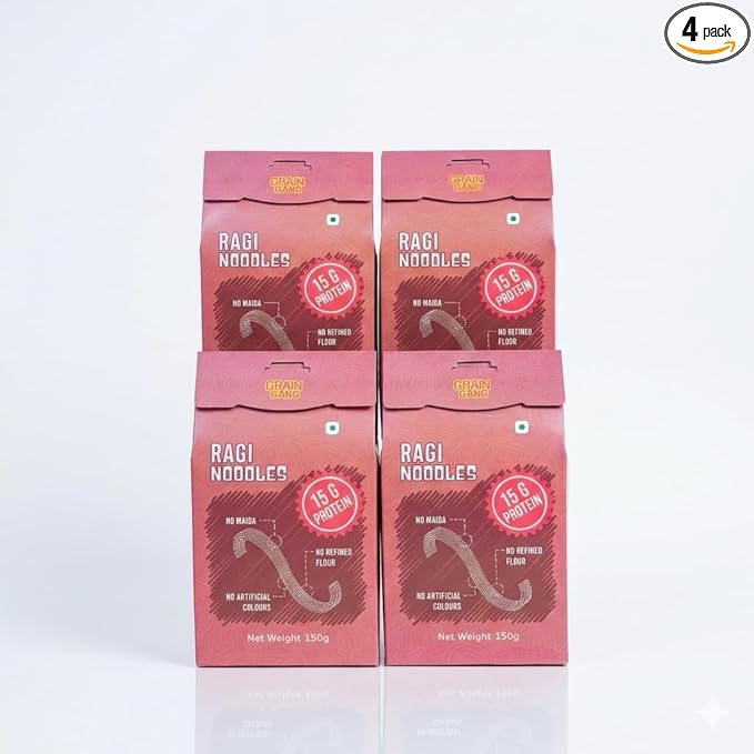 GrainGanG Ragi Noodles with Tastemaker, No Maida, High Fiber Instant Noodles, Healthy Snack, Pack of 4 (150g Each)