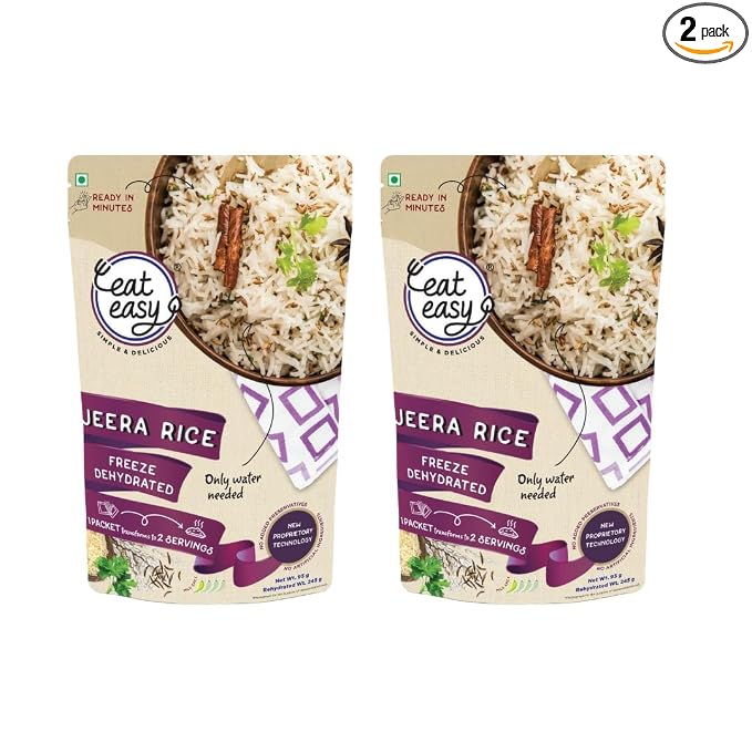 Eat Easy Ready To Eat Jeera Rice- 95gm (Pack of 2) | Freeze Dehydrated, Nutritious & Healthy Instant Food for Travel, Camping | No Preservatives, No Added Artificial Colours & Flavours | Just Add Water and Cook
