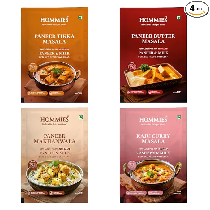 Hommies Paneer Lover’s Spice Combo | Paneer Tikka Masala, Paneer Butter Masala, Paneer Makhanwala & Kaju Curry Spice Mix | Ready to Cook | Just Add Basics | Serves 4 Each | Vegetarian | No Preservatives| Pack of 4 (50g Each, Total 200g) (Combo of 4-5)