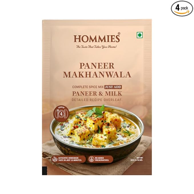 Hommies Dhaba Paneer Makhanwala Curry Spice Mix | Ready to Cook in 15 Mins | Just Add Milk & Paneer | Serves 4 | Shahi Curry Masala with Cashew Nuts | No Preservatives | Pack of 4 (200g, 50g Each)