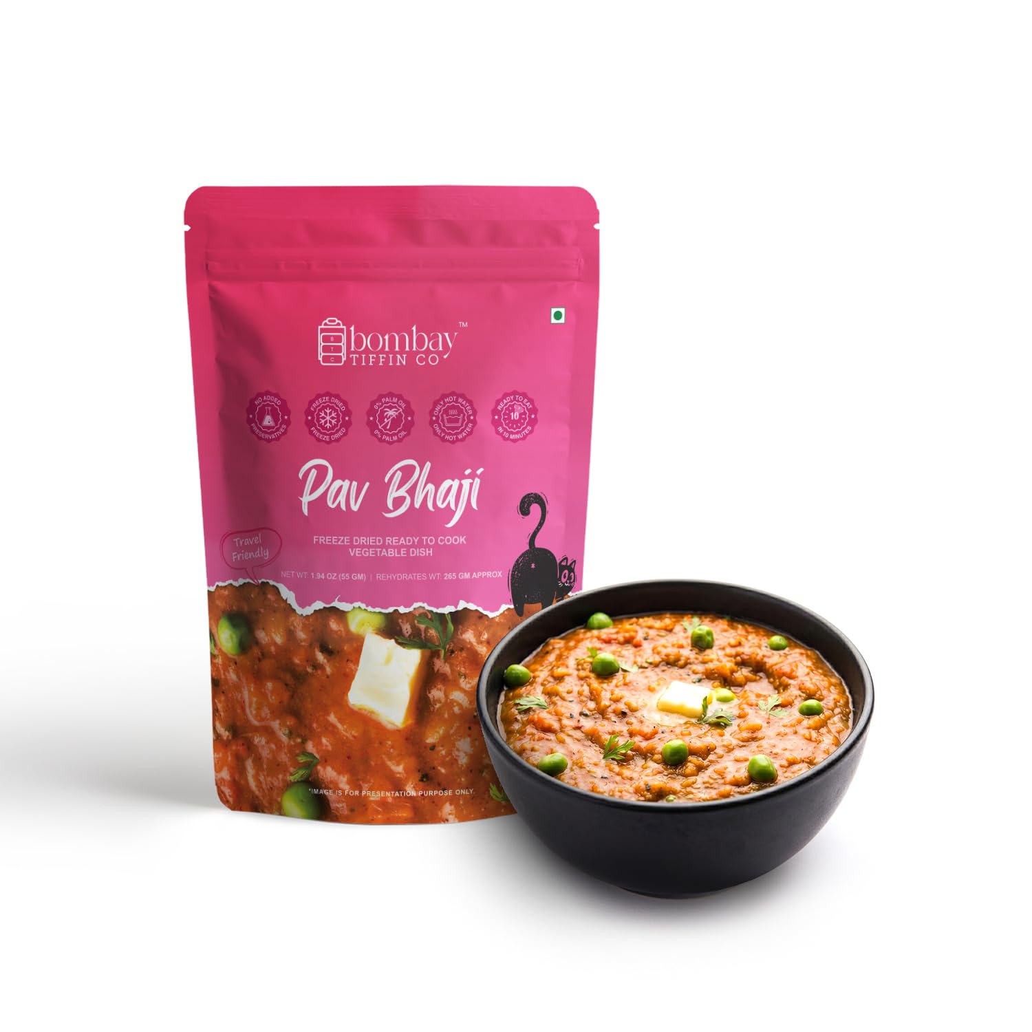 Bombay Tiffin Co Pav Bhaji | Ready To Eat Food | Instant Meal | Ready To Eat Meals | Indian Meal | Travel Carry Food 55Gms Powder