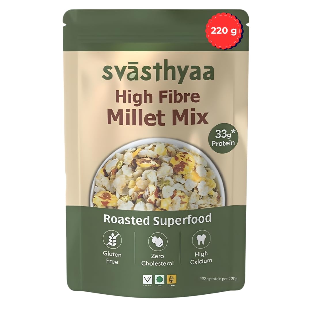 Svasthyaa High Fibre Millet Mix | Roasted Chivda Namkeen with Jowar, Chana Jor, Moong Jor & Corn Flakes | Healthy Ready to Eat, Sugar Free, Gluten Free, Diabetic Friendly Jain Snack | Protein Rich 220g - Pack of 1