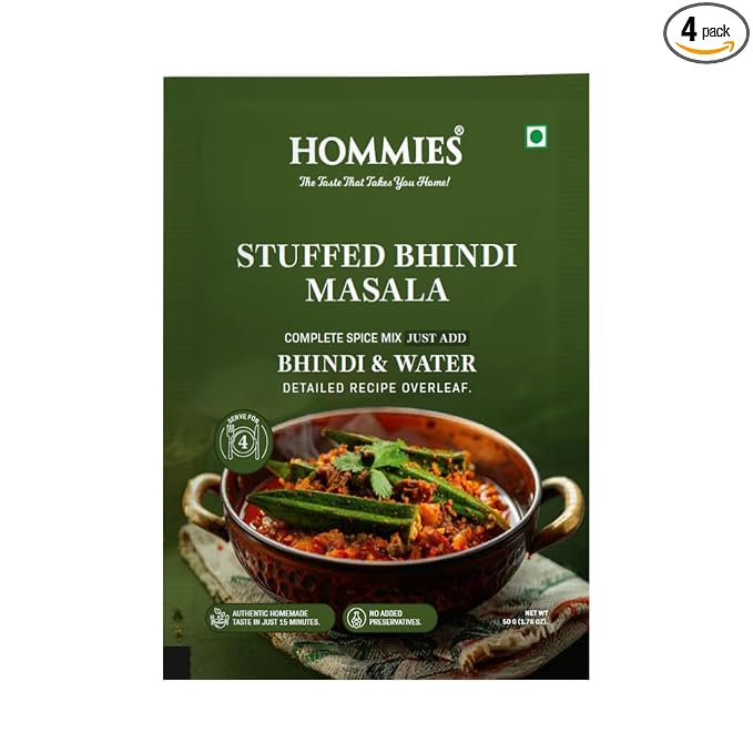 Hommies Stuffed Bhindi Masala Spice Mix | Ready to Cook in Minutes | Just Add Ladyfinger & Water | Serves 4 | Healthy Curry Masala with No Preservatives | Pack of 4 (200g, 50g Each)