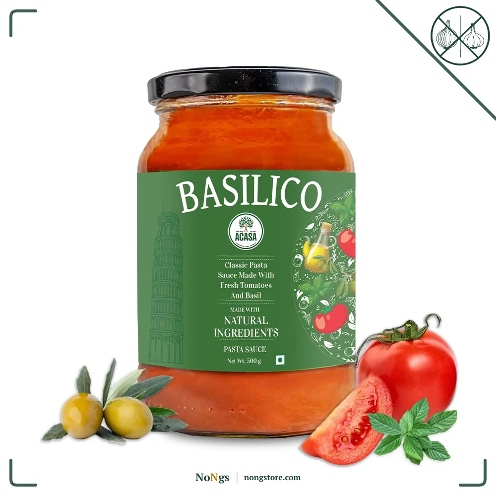 Acasa No Onion No Garlic Basilico Pasta Sauce 500 gm - Jain Tomato Basil Pasta Sauce - Perfect for Pizza Base - Authentic Tomato Basil Flavor - Ideal for Homemade Italian Meals