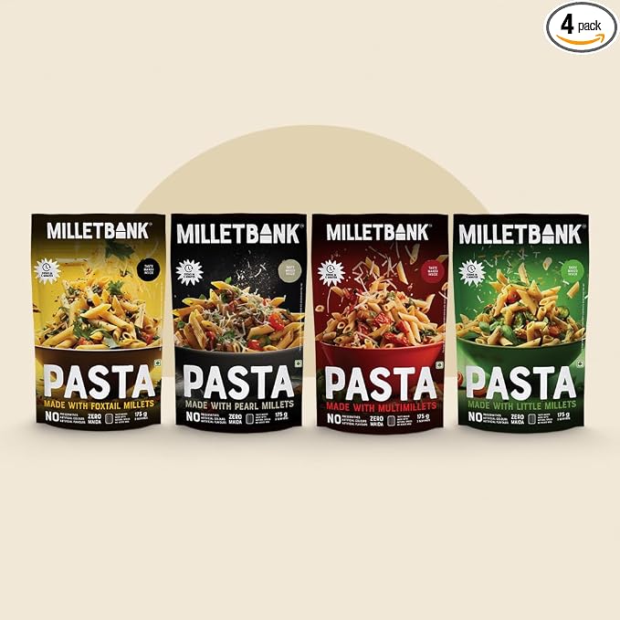 Millet Bank All Pasta Combo | No Preservatives, No Artificial Colors or Flavours | ZERO Maida | 175g | Made with Millets and Whole Wheat | Baby Friendly Pasta Flavor Combo 4 nos