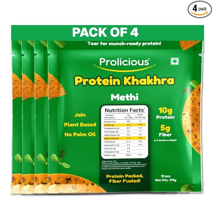 Prolicious Khakhra Methi High Protein Khakhra | Upgrade Your Snacking | 10g Protein + 5g Fibre | Same Crunch, Snack Smarter | Plant Based, Jain | No Palm Oil | 170g (Pack of 4)