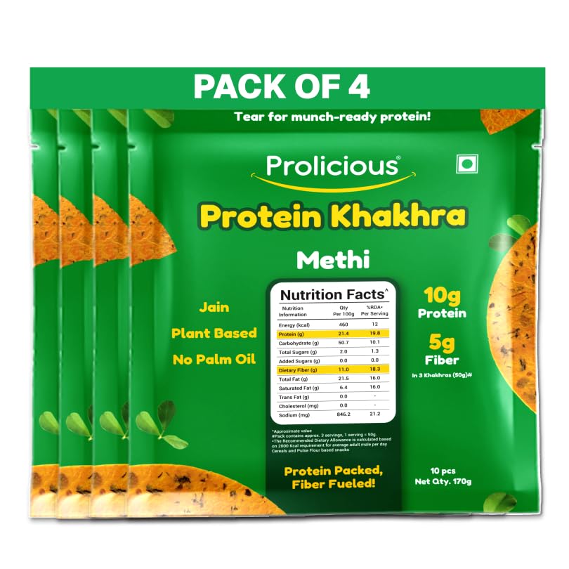 Prolicious Khakhra Methi High Protein Khakhra | Upgrade Your Snacking | 10g Protein + 5g Fibre | Same Crunch, Snack Smarter | Plant Based, Jain | No Palm Oil | 170g (Pack of 4)