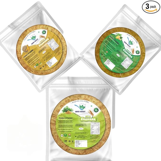 Landroot Organic Assorted Khakhra Pack | 4 Varieties (Methi, Ginger Chilli, Mangroli) | Zero Maida | Vegan & Jain Friendly | High Fiber Healthy Snack | 180g x 3 Packs